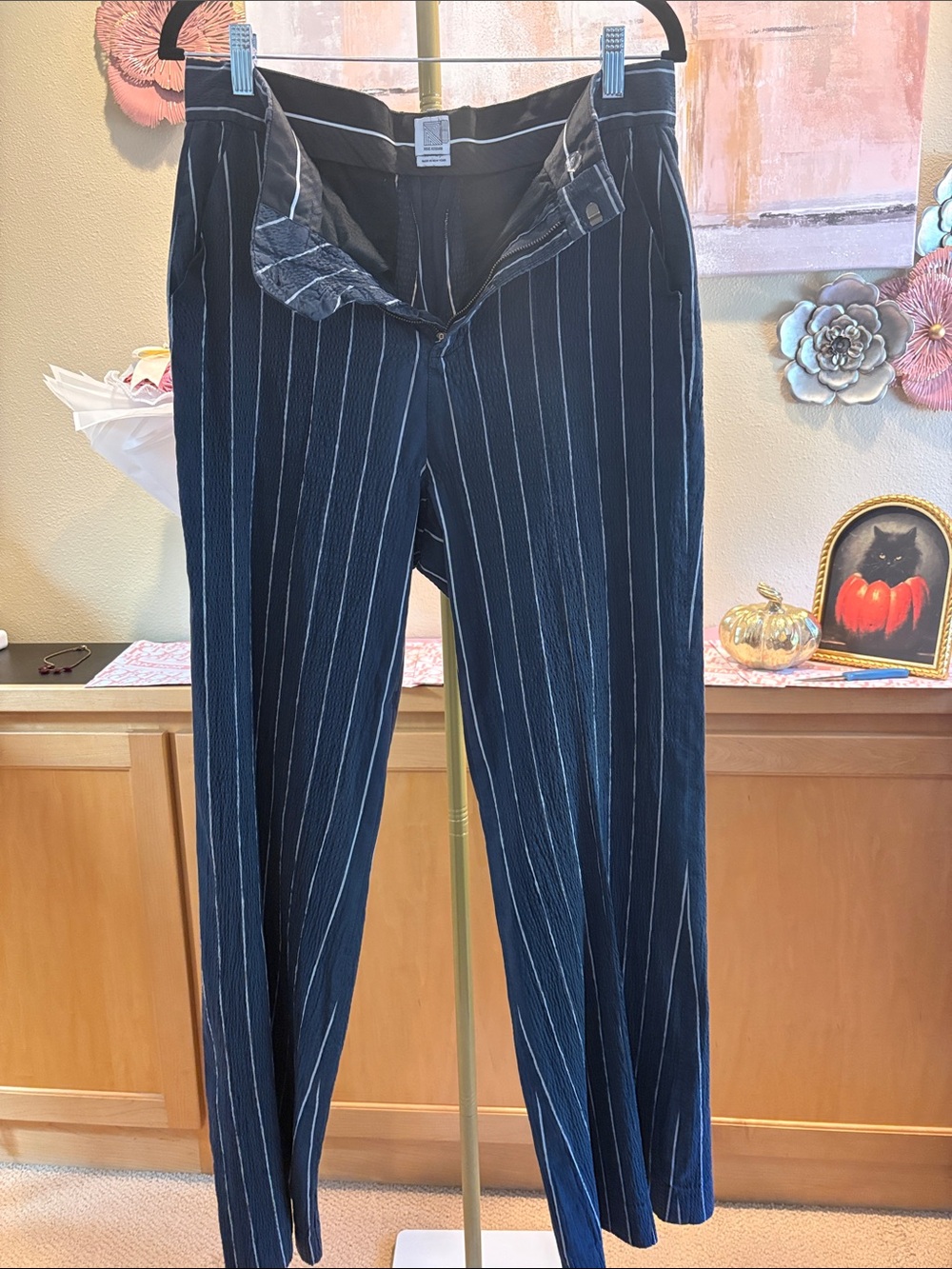 Rosie Assoulin Navy Blue Tailored Pinstripe Trousers - Size 10